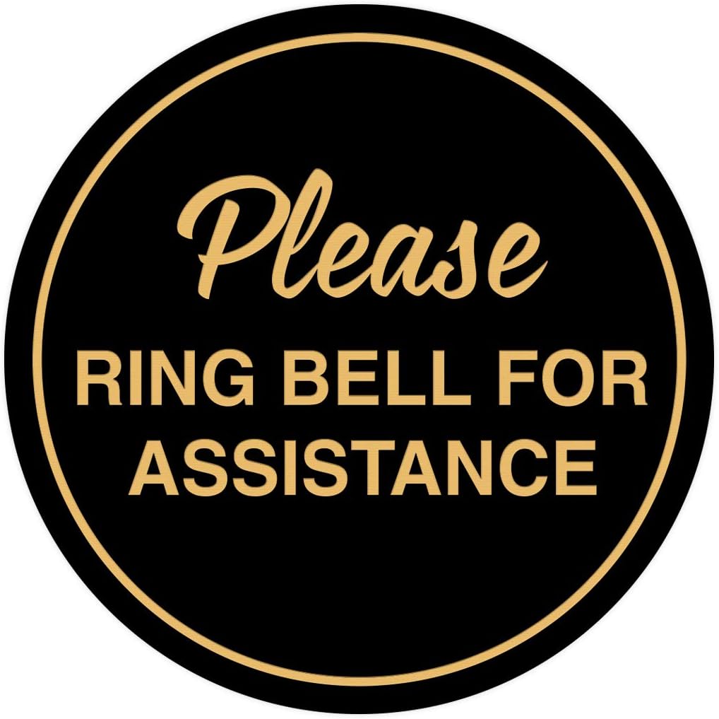 Signs ByLITA Circle Please Ring Bell For Assistance Wall or Door Sign | Easy Installation | Front Desk Reception Sign (Black Gold) - Large (5 Pack)