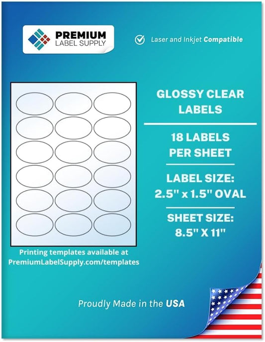 Premium Label Supply Glossy Clear Sticker Oval Labels â 2.5" x 1.5" Oval â Laser/Inkjet Compatible â (18 per Sheet), 500 Sheets â 9,000 Total Adhesive Labels