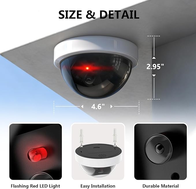 WALI Dummy Fake Security CCTV Dome Camera with Flashing Red LED Light with Security Alert Sticker Decals (SDW-4), 4 Packs, White