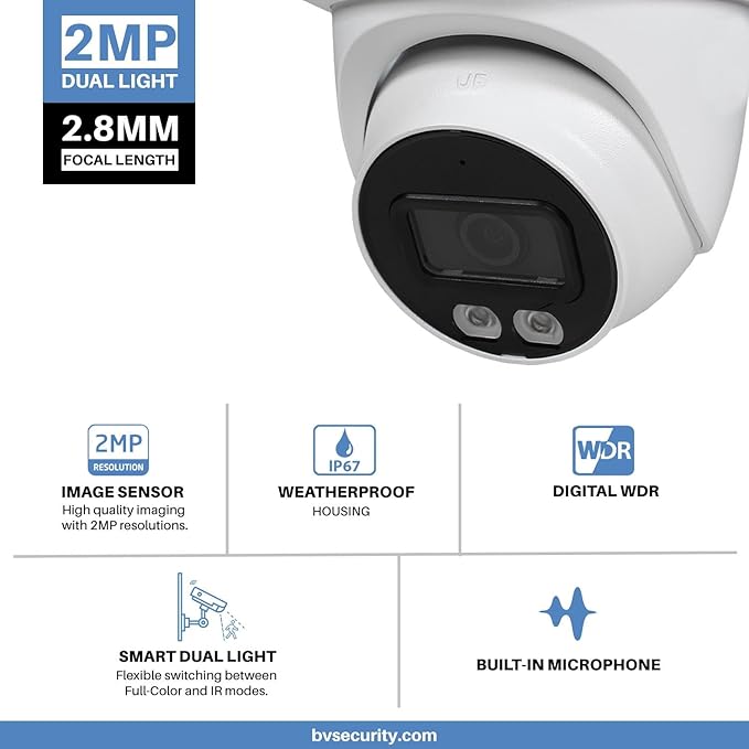 R-Tech 2MP Smart Dual Light HDCVI Fixed-Focal Eyeball Camera, Full-Color Night Vision, 3D NR, Built-in Mic, 40m IR Distance, IP67 Weatherproof, 2.8mm Lens