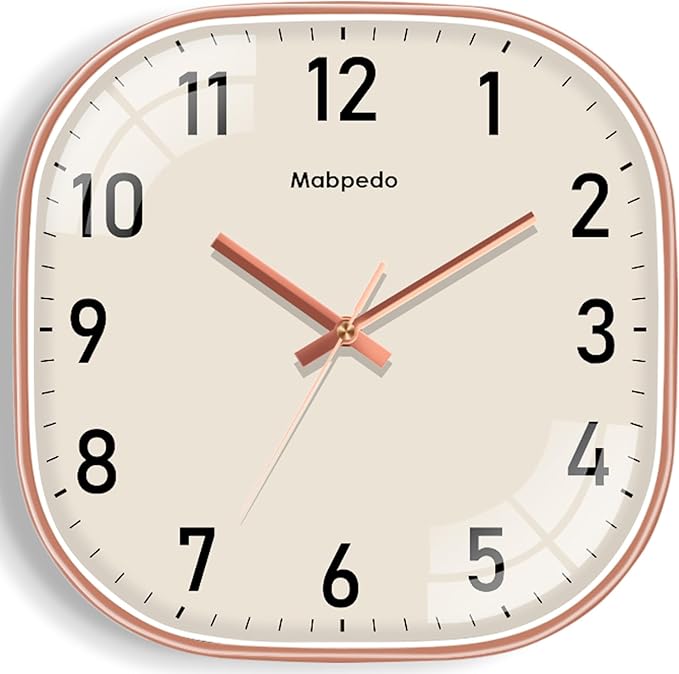 10 Inch Wall Clock, Silent Non Ticking Wall Clocks Battery Operated, Square Analog Decorative Wall Clocks for Bedroom Living Room Office Home Gym Porch Decor Indoor Outdoor Clock, Rose Gold