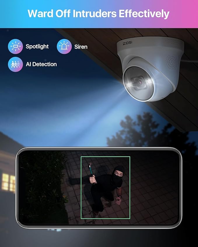 ZOSI 32CH 4K PoE Security Camera System,8pcs 8MP Outdoor Indoor PoE IP Cameras,Person Vehicle Detection,2 Way Audio,Spotlight Color Night Vision,16 Port 32 Channel NVR with 4TB HDD for 24/7 Recording