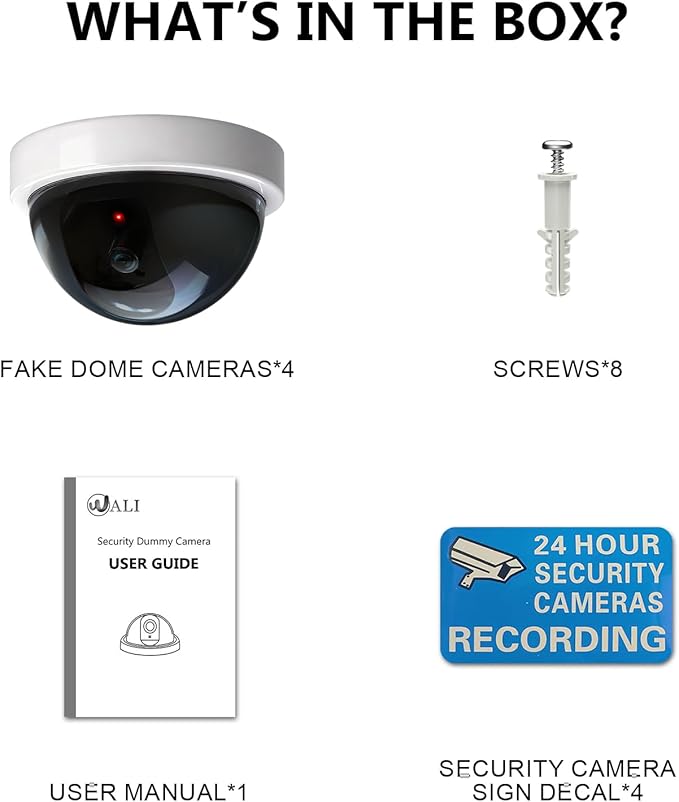 WALI Dummy Fake Security CCTV Dome Camera with Flashing Red LED Light with Security Alert Sticker Decals (SDW-4), 4 Packs, White