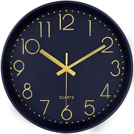 Modern Silent Wall Clock, 12 Inch Wall Clocks Battery Operated Large Number, Non-Ticking Analog Clock with Tempered Glass Quartz Clocks for Living Room Bedroom Office Kitchen, Navy Blue