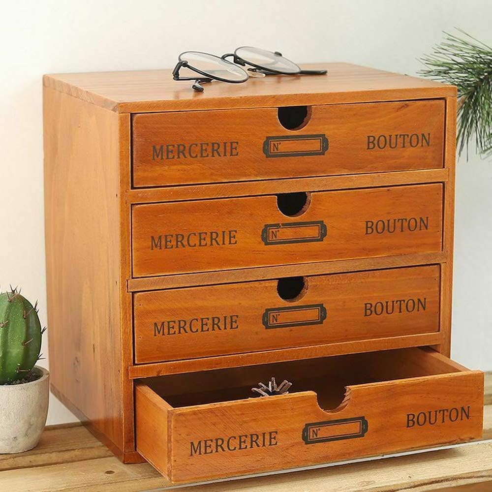Vintage Drawer Wooden Desk Organizer, 16-Drawer Gift Storage Case Organizer Stand, Iron Label Holders, Brown, For Store Cosmetics, Files, Books, Letters, Papers, Magazines (4-Drawer)