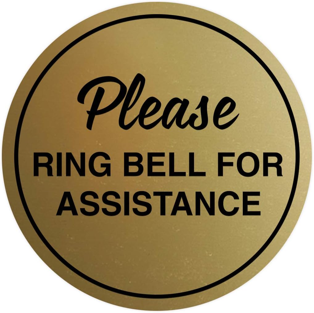 Signs ByLITA Circle Please Ring Bell For Assistance Wall or Door Sign | Easy Installation | Front Desk Reception Sign (Brushed Gold) - Medium (2 Pack)