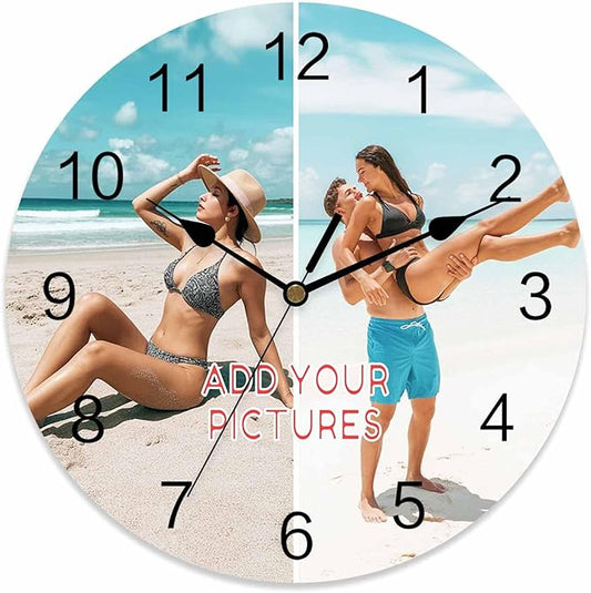 Personalized Clocks with Picture/Text, Custom 2 Photo Silent Wall Clock Non Ticking for Bedroom, Living Room, Kitchen, Office, Customized Anniversary Valentine's Day Gifts (10", 12", 14")