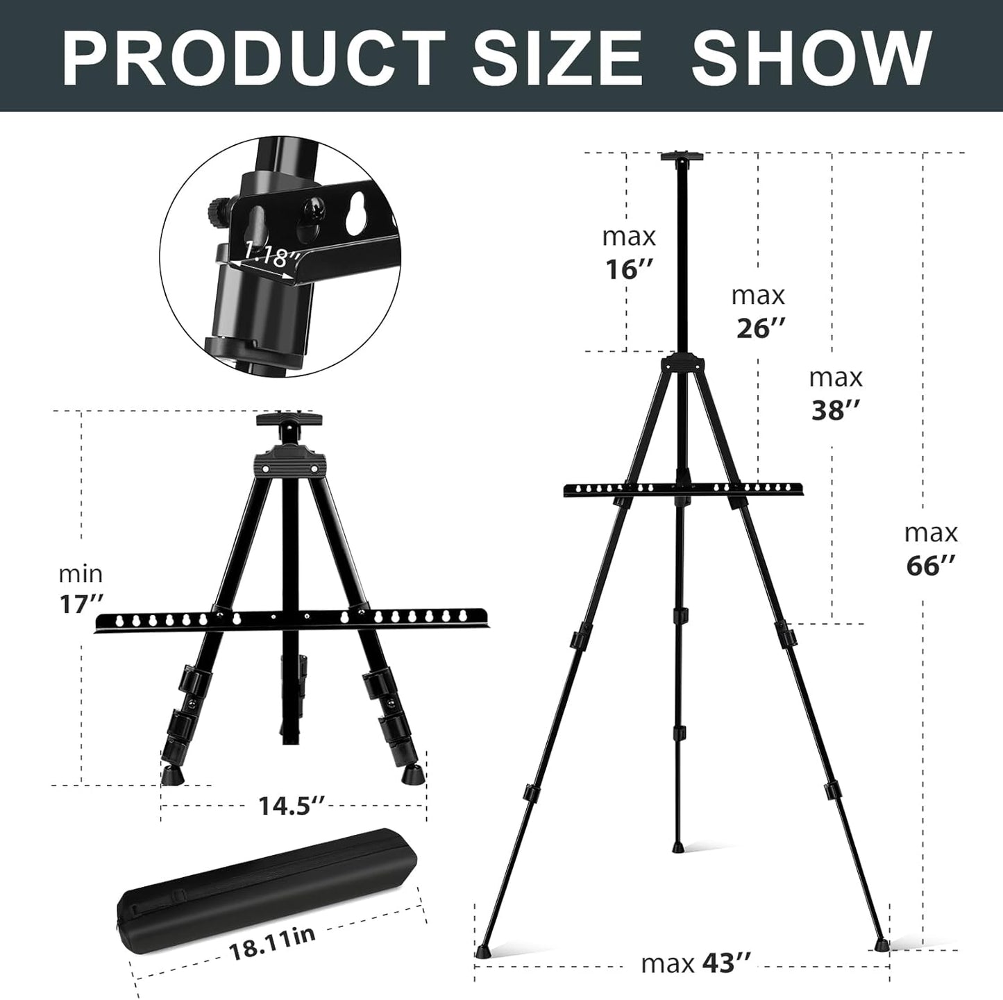 AROIC 4 Pack Art Painting Display Easel Stands,Portable Adjustable Aluminum Metal Tripod Artist Canvases Height from17 to 66 Inch Extra Sturdy forTable-Top/Floor Painting. Black with 4 Storage Bag