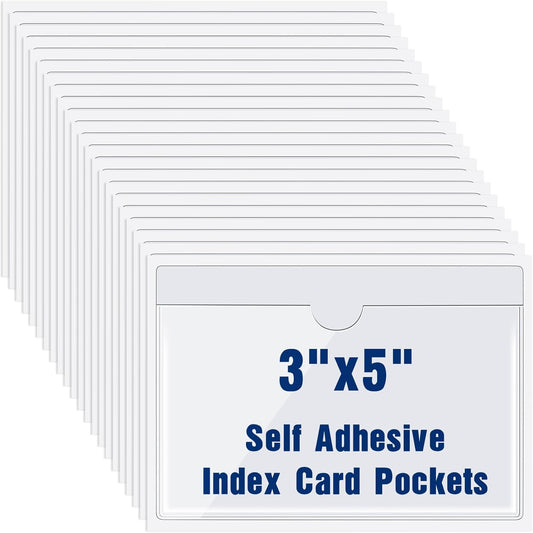 Chinco 50 Pack Clear Adhesive Pockets, Labels for Storage Bins, Plastic Self Adhesive Index Card Holder with Top Open for Organizing Bins Box Drawer(3.7 x 5.3 Inches)