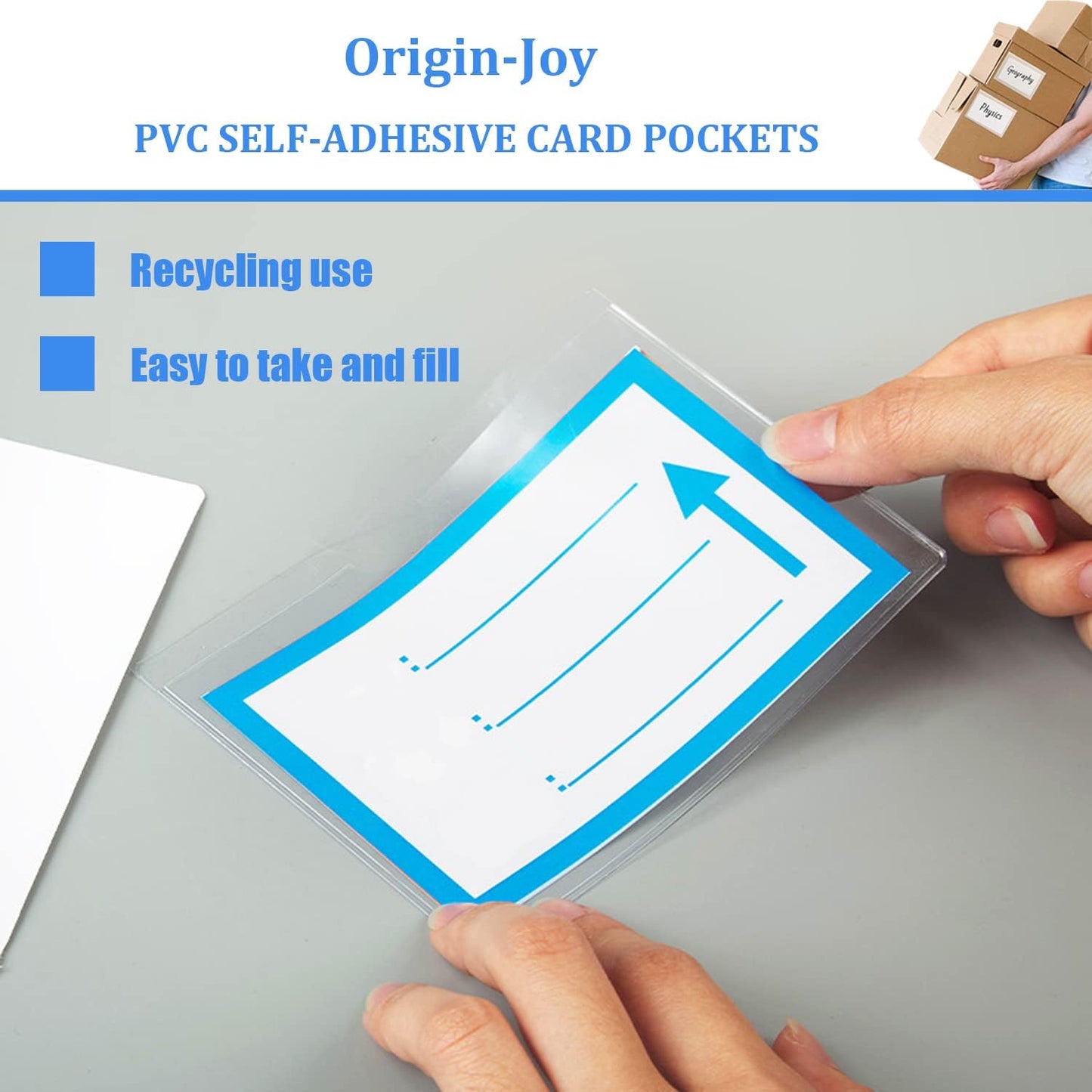 Origin-Joy 35 PCS Self Adhesive Index Card Pockets with Top Open, Clear Plastic Label Holder for Cards of Note, Library and Business, Adhesive Label Pockets & Card Holder (3 x 2 inch)