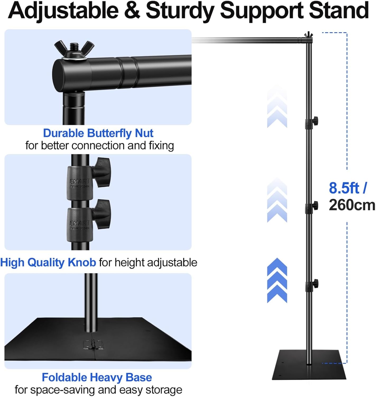 EMART Backdrop Stand, 10x10ft Width Adjustable Photography Background Support Poles with Heavy Duty Flat Base, Photo Metal Steel Pipe and Drape Frame Kit for Parties Birthday Wedding - Black