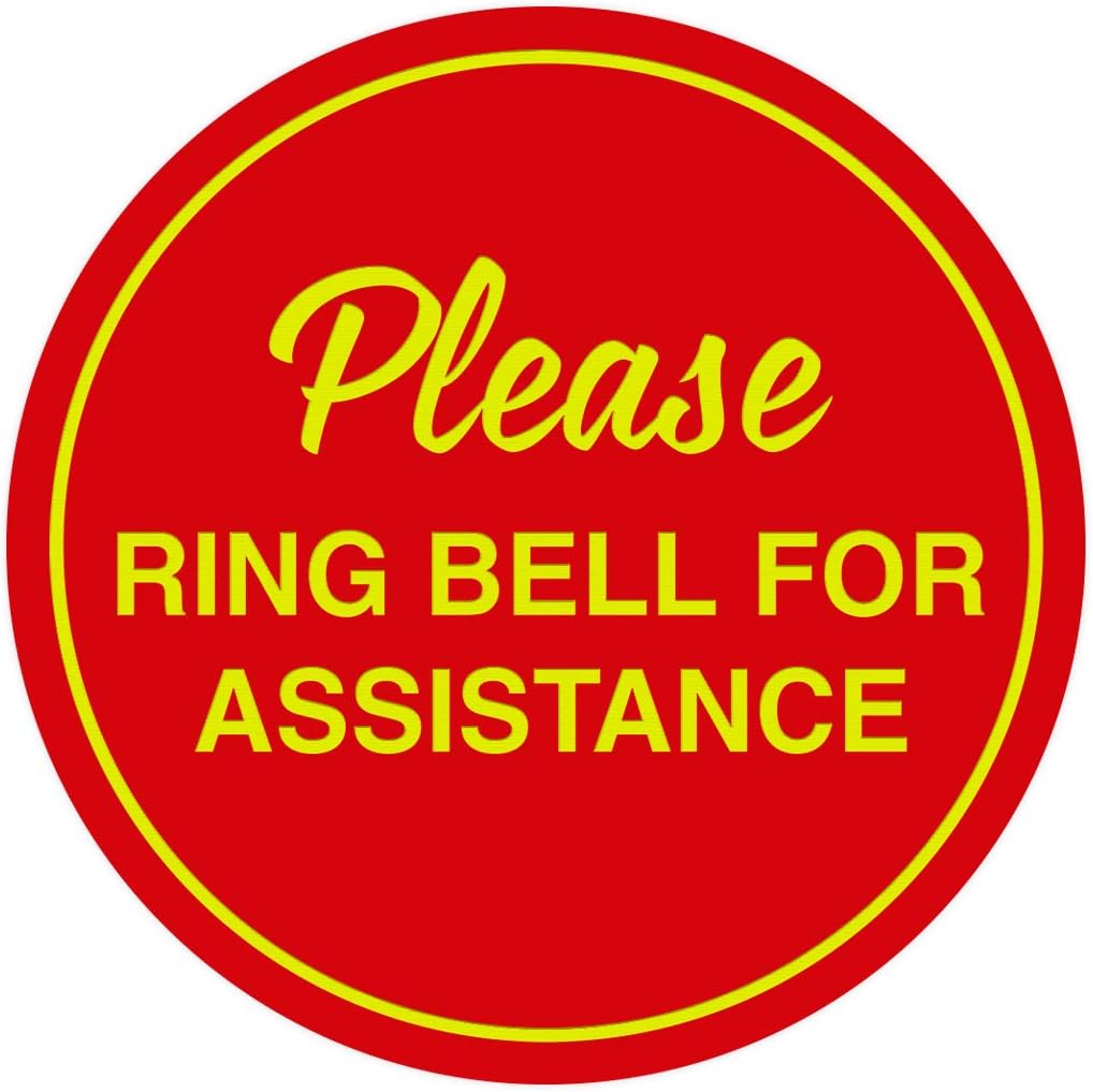 Signs ByLITA Circle Please Ring Bell For Assistance Wall or Door Sign | Easy Installation | Front Desk Reception Sign (Red/Yellow) - Small (10 Pack)