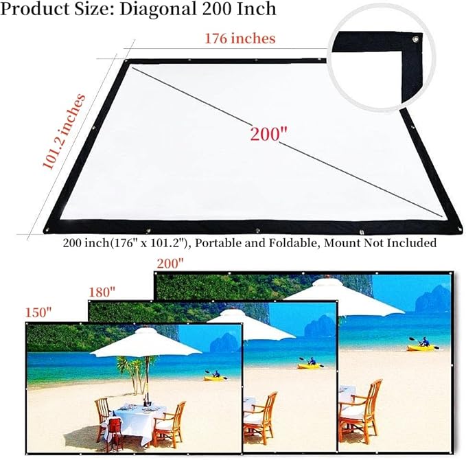 200 Inch Portable Projector Screen Outdoor, YF2009SZ 16:9 Foldable HD Large Thick Canvas Movie Screen for Home Theater Office Presentation Outside Camping Party