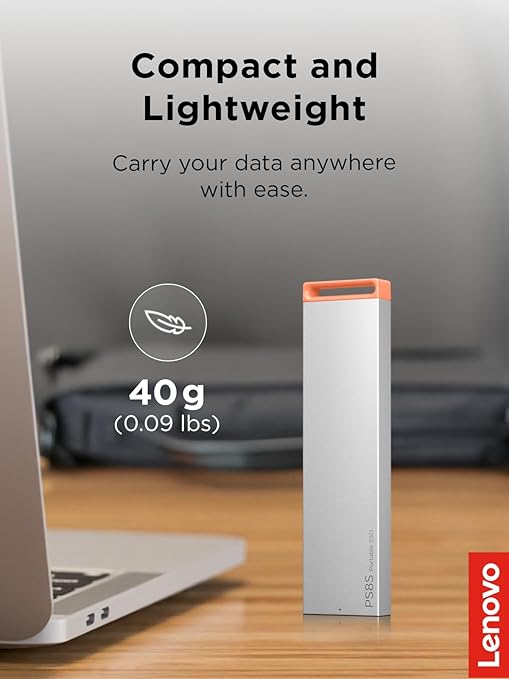 Lenovo PS8S 1TB Portable SSD, Up to 1050MB/s Read, 1000MB/s Write, USB 3.2 USB-C, Slim Lightweight (40g) Aluminum Body, Reliable Storage for PC/Mac & Android