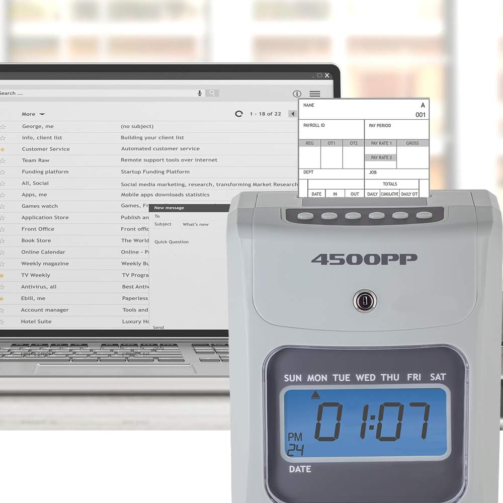 Nile Products - 4500PP Electronic Calculating Time Clock, Employees in/Out Time Tracker, Small Business Punch Pack Bundle Includes: 25 Time Cards,1 Ink Ribbon and 2 Security Keys