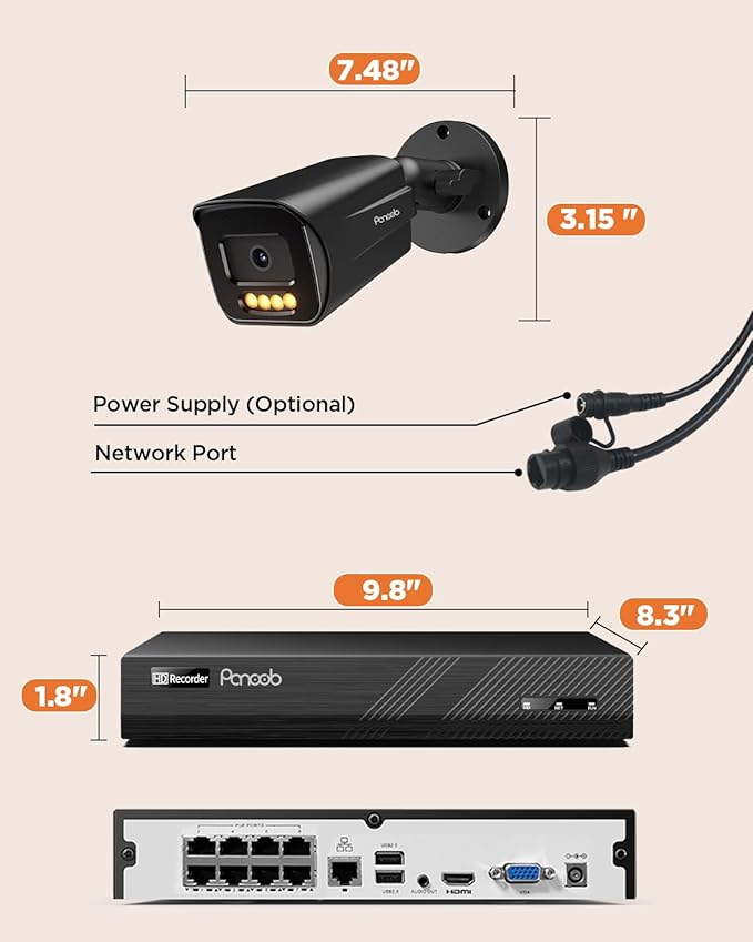 4 Camera Security System 8 Channel, 4X 5-Megapixel Wired IP Bullet PoE Camera Outdoor, AI Human Vehicle Detection, 2 Way Audio, Smart Color Night Vision, 4K 8CH NVR with 2TB HDD, PB65B0408-5MD