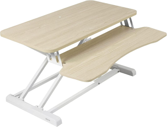 VIVO 32 inch Desk Converter, K Series, Height Adjustable Sit to Stand Riser, Dual Monitor and Laptop Workstation with Wide Keyboard Tray, Light Wood Top, White Frame, DESK-V000KF