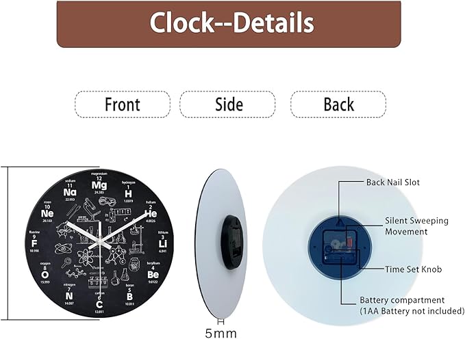XNM Black Wall Clock for Living Room Round Glass Chemical Clock Battery Operated 14 Inch Analog Large Clocks for Walls