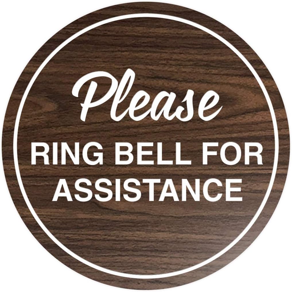 Signs ByLITA Circle Please Ring Bell For Assistance Wall or Door Sign | Easy Installation | Front Desk Reception Sign (Walnut) - Small (5 Pack)