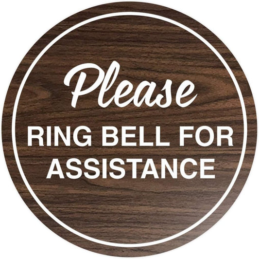 Signs ByLITA Circle Please Ring Bell For Assistance Wall or Door Sign | Easy Installation | Front Desk Reception Sign (Walnut) - Medium (1 Pack)