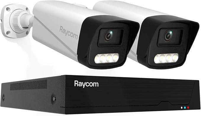 Rraycom 4CH Home Security Camera System, 2pcs Wired Outdoor PoE IP 3MP Cameras with Motion Detection, Two-Way Audio, Spotlight, 4K/3MP 4CH NVR with 1TB HDD for 24-7 Recording, No Monthly Fee