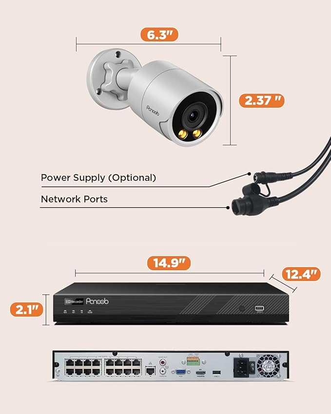 16 Channel Security Camera System PoE, 4K 16CH NVR 4TB HDD, 12X 5MP Wired Surveillance IP PoE Cameras Outdoor, AI Human Vehicle Detection, Built-in Microphone, Color Night Vision, PB38F1216-5M