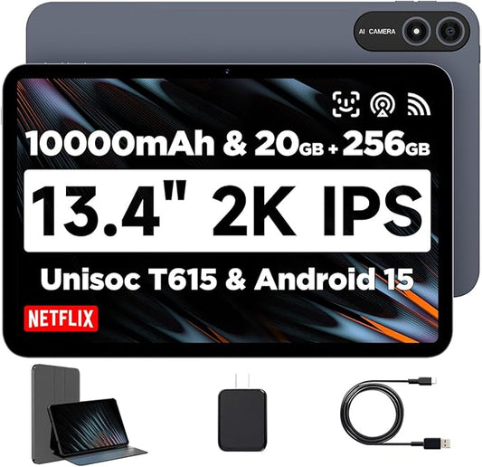 Bpad 13 Tablet 13.4 inch Large Screen Android 15 Tablet 20GB+256GB 10000mAh, Unisoc T615 Octa-Core 1920x1200 FHD with Widevine L1, 8MP+16MP Camera 2.4G/5G WiFi+BT5.0+GPS with Protective Case