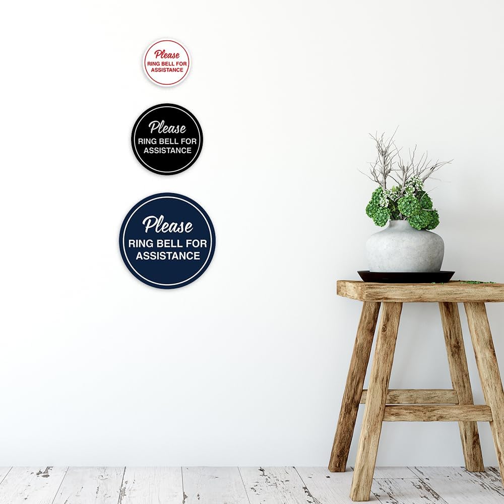Signs ByLITA Circle Please Ring Bell For Assistance Wall or Door Sign | Easy Installation | Front Desk Reception Sign (White) - Medium (5 Pack)