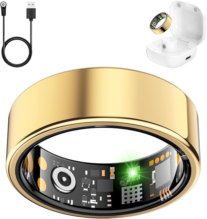 Smart Health Ring for Women Men, Fitness Tracker Ring with Heart Rate, Blood Oxygen, Sleep Tracker, Step Tracker, No Subscription Fee, IP68 Waterproof Smart Ring for iPhone & Android (Gold, 6#)