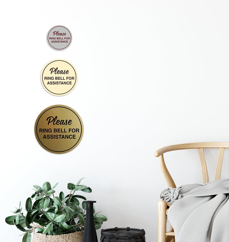 Signs ByLITA Circle Please Ring Bell For Assistance Wall or Door Sign | Easy Installation | Front Desk Reception Sign (Light Grey/Burgundy) - Large (10 Pack)