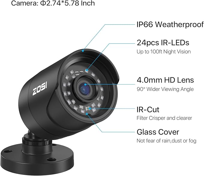 ZOSI H.265+ 1080p 16 Channel Home Security Camera Outdoor Indoor, 16CH CCTV DVR with AI Human Vehicle Detection and 12 x 1080p Surveillance Bullet Camera, 100ft Night Vision, 90° View Angle, 2TB HDD