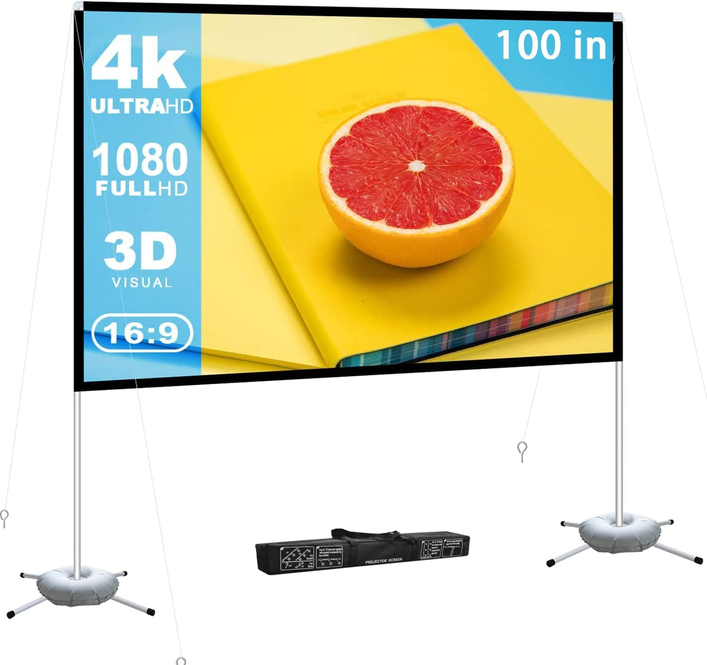 Portable Projector Screen Outdoor Movie: Foldable Rear 4K Projection Screens Stand for Camping Travel Backyard Video 100 inch