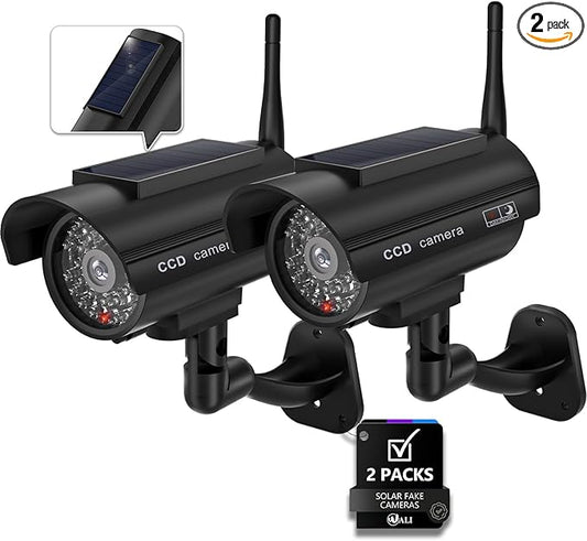 WALI Dummy Fake Camera, Solar Powered Fake Security Camera with LED Light, Simulated Surveillance Security CCTV Dome Cameras with Antenna and Warning Sticker Indoor Outdoor (SOL-TCB2), 2 Packs, Black