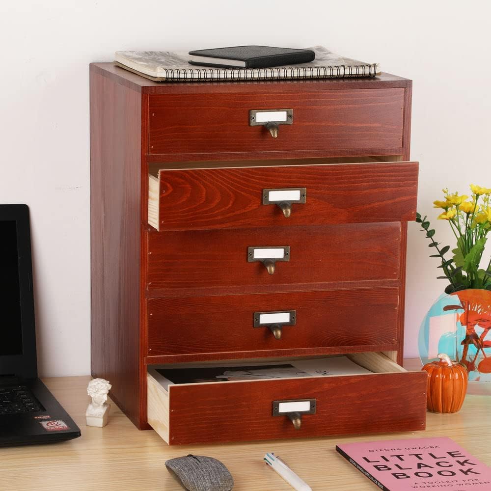 Large Wooden Drawer Rustic Desk Organizers and Accessories Wooden Storage Dox with Drawers Paper Storage Drawer Wood File Organizer Library Card Catalog Cabinet Apothecary Cabinet (L-BROWN)