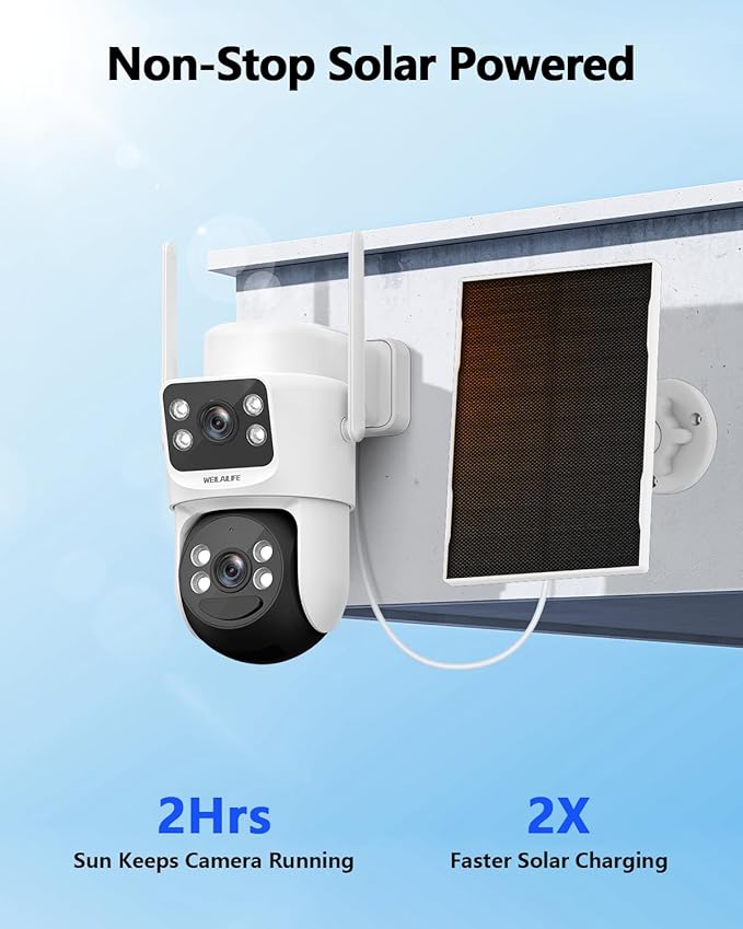WEILAILIFE 【Auto Tracking & 2-Way Audio】 WiFi Home Video Surveillance Systems, Security Cameras Wireless Outdoor, Solar Powered PTZ Security Camera System DVR Kits