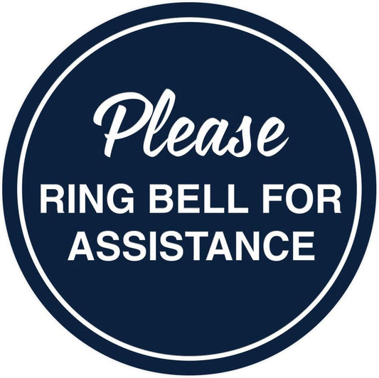 Signs ByLITA Circle Please Ring Bell For Assistance Wall or Door Sign | Easy Installation | Front Desk Reception Sign (Navy Blue/White) - Small (1 Pack)
