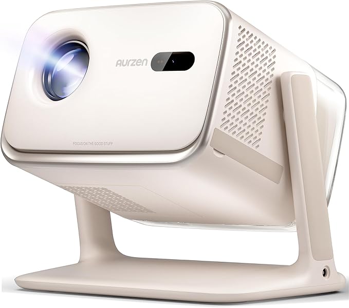 Aurzen BOOM mini Google TV Movie Projector with WiFi and Bluetooth, Voice Control, Family Mode, 20W Dolby Audio, Real-Time Focus, 4K Supported Smart Portable Home Theater Projector Outdoor, Off-white