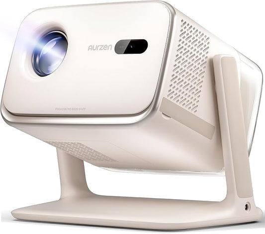 Aurzen BOOM mini Google TV Movie Projector with WiFi and Bluetooth, Voice Control, Family Mode, 20W Dolby Audio, Real-Time Focus, 4K Supported Smart Portable Home Theater Projector Outdoor, Off-white