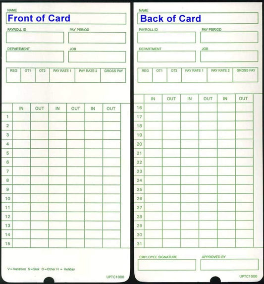100 Time Cards for uPunch HN3000 AutoAlign Time Clock (uPTC1000-1 fits HN1000, HN1500, HN3000, HN3500, HN3540, UB1000) Non-Calculating Compatible
