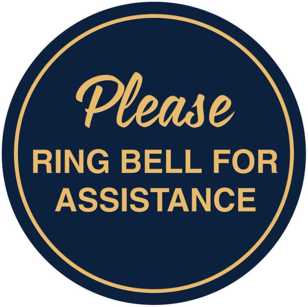 Signs ByLITA Circle Please Ring Bell For Assistance Wall or Door Sign | Easy Installation | Front Desk Reception Sign (Navy Blue/Gold) - Small (2 Pack)