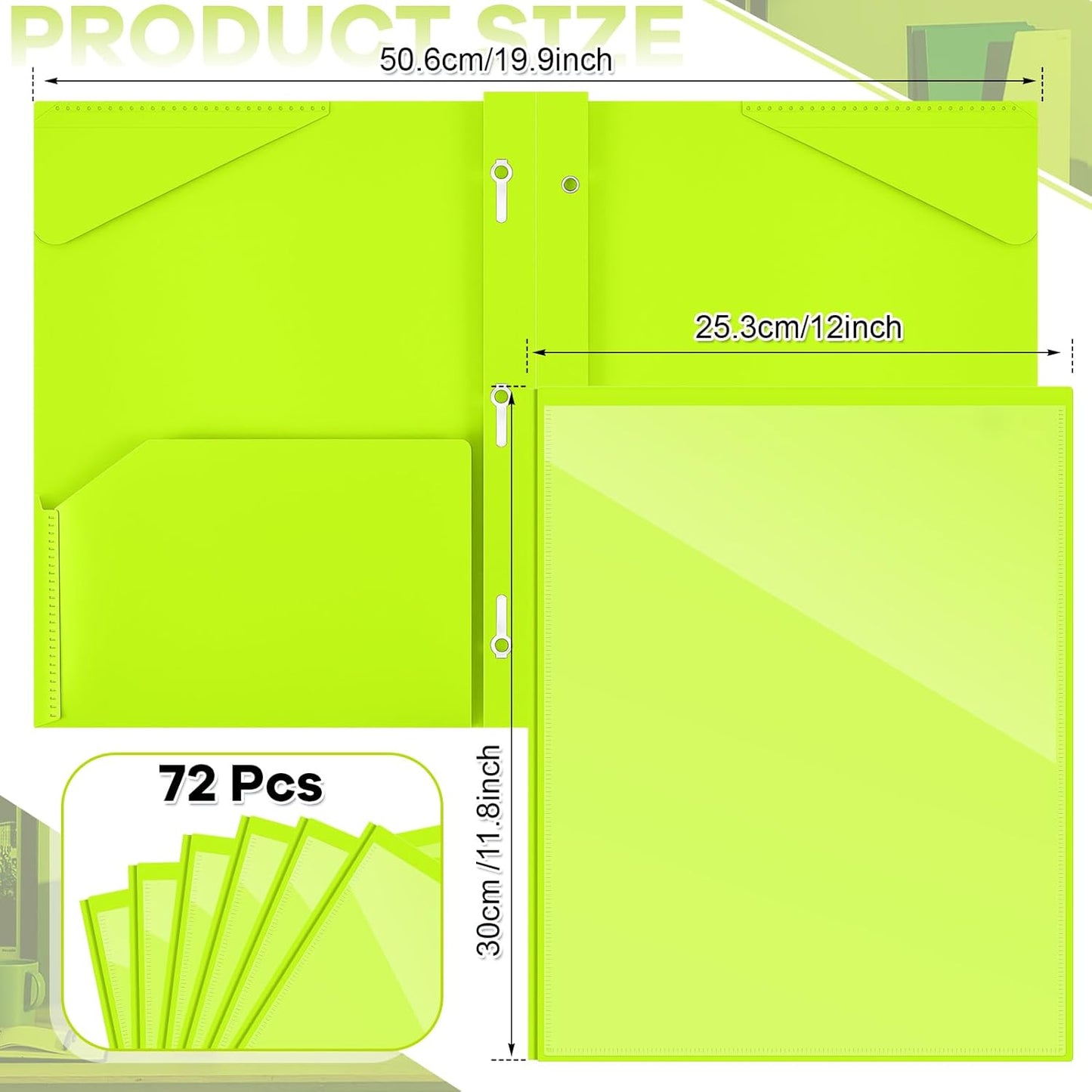 Henoyso 72 Pcs Plastic Folder with Clear Front Pocket and 3 Prong Plastic Folders with Card Slot Pocket Folders with Prongs for School Office (Fluorescent Green)