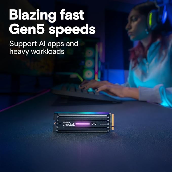 Crucial T710 PCIe Gen5 NVMe 4TB SSD – Heatsink, Up to 14,900 MB/s, Laptop & Desktop Compatible (PC), for Creatives and Hardcore Gamers, Solid State Drive, Includes 1Mo Adobe CC – CT4000T710SSD5-01