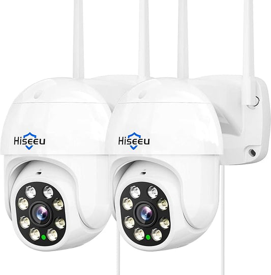 Hiseeu 2Pcs 5MP Security Camera PTZ Wireless Cameras Two Way Vioice Surveillance Camera Full Color Night Vision, IP66 Waterproof 24/7 Record for Outdoor Home Security Compatible Alexa