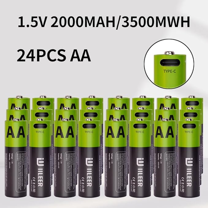 2000mAh USB-C Rechargeable AA Batteries, 1200 Cycles Life, Fast Charging with Type-C Cable, for Gaming Controllers, Mouse, Keyboard & Home Electronics, Black Green (8)