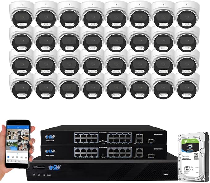 GW Security 32 Channel 12MP NVR 4K Security Camera System with 32 x 8MP PoE Spotlight Color Night Vision Outdoor/Indoor Microphone Dome Cameras, Smart AI Human/Vehicle Detection