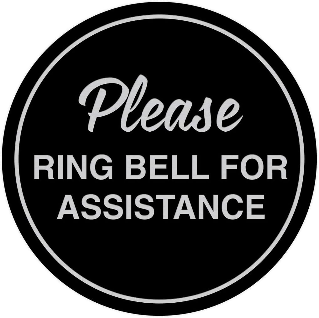 Signs ByLITA Circle Please Ring Bell For Assistance Wall or Door Sign | Easy Installation | Front Desk Reception Sign (Black/Silver) - Medium (5 Pack)