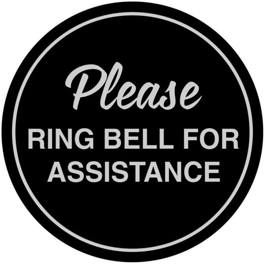 Signs ByLITA Circle Please Ring Bell For Assistance Wall or Door Sign | Easy Installation | Front Desk Reception Sign (Black/Silver) - Medium (5 Pack)