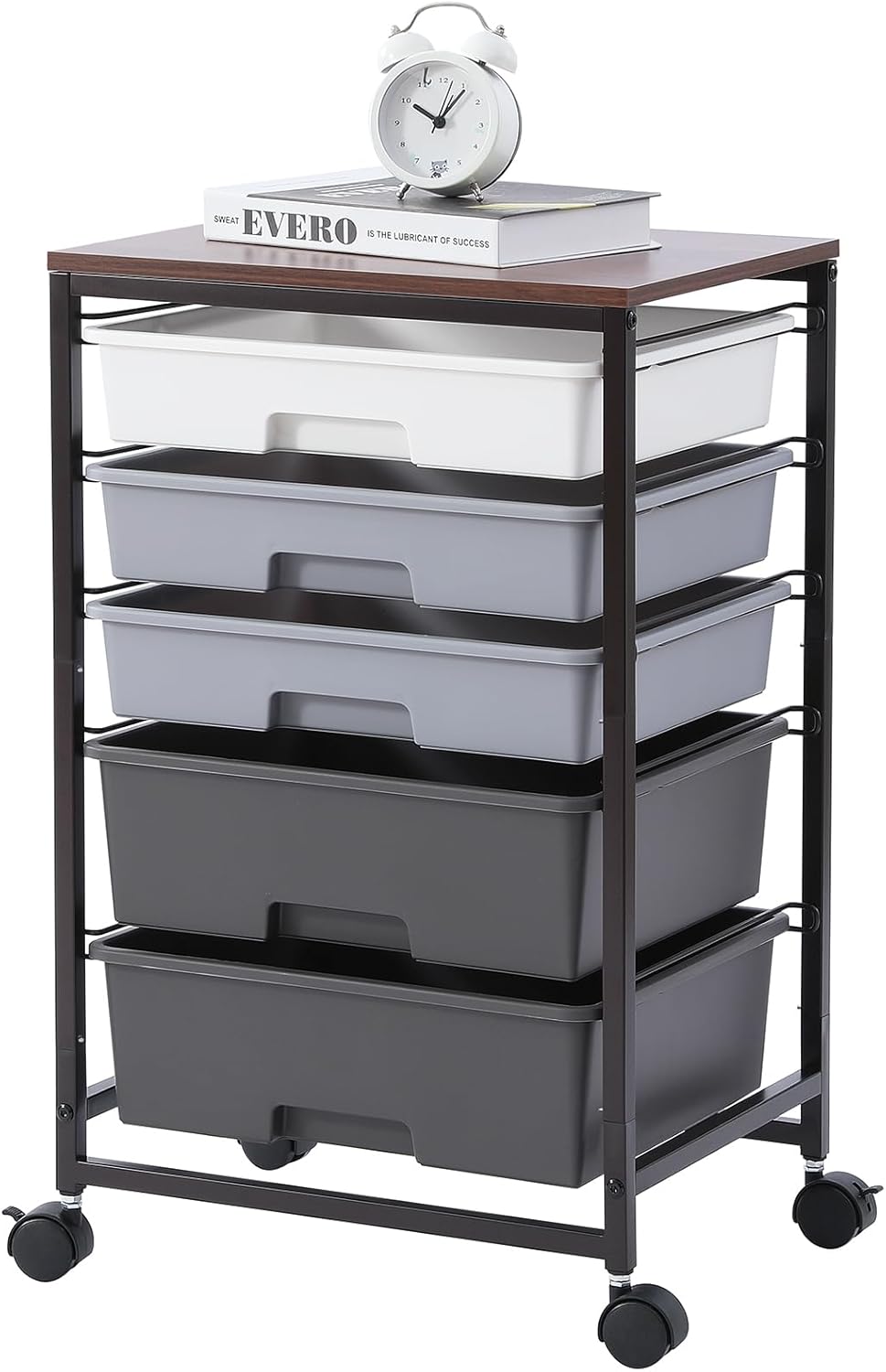 Utility Cart with 5 Drawers,Storage Drawer Cart with Wooden Tabletop and Lockable Wheels,Craft Storage Trolley Cart,5-Tier Rolling Utility Cart on Wheels,Dark Grey