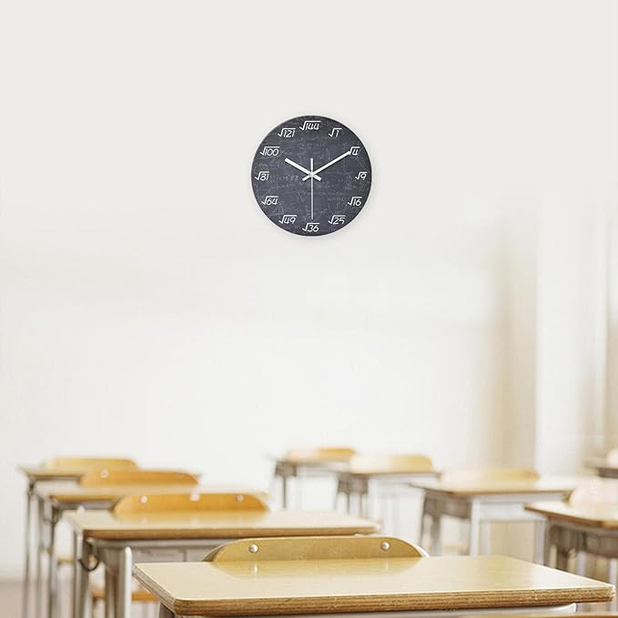 XNM Black Math Clock for Classroom Glass Small Wall Clocks Battery Operated 12 Inch Round Silent Wall Clock Non Ticking