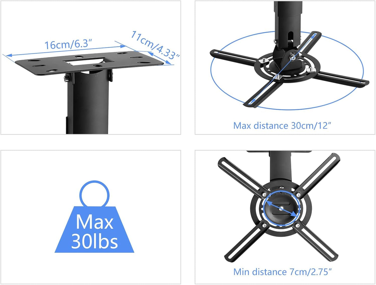 suptek Projector Ceiling Mount Bracket Fits Flat or Sloped Ceiling Height Adjustable with Extendable Length 30.7-49.21inch,for LCD/DLP Projectors,Black (PR05LB)